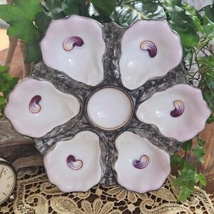 Antique French Oyster Plate Pink Majolica Porcelain Hand Painted Stamped A34